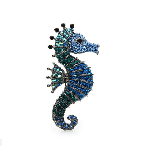 Blue & Green Crystal Studded Seahorse Brooch