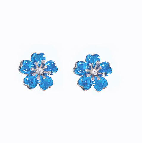 Aquamarine Floral Heart Stud Earrings with Swarovski Crystals