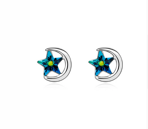 Moon and Star Earrings with Bermuda Blue Swarovski Crystal