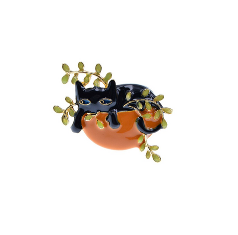 Black Goldtone Cat In Flower Pot Brooch