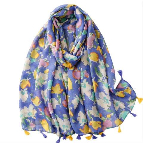 Watercolor Floral Scarf with Tassels in Blue and Yellow - Don't AsK