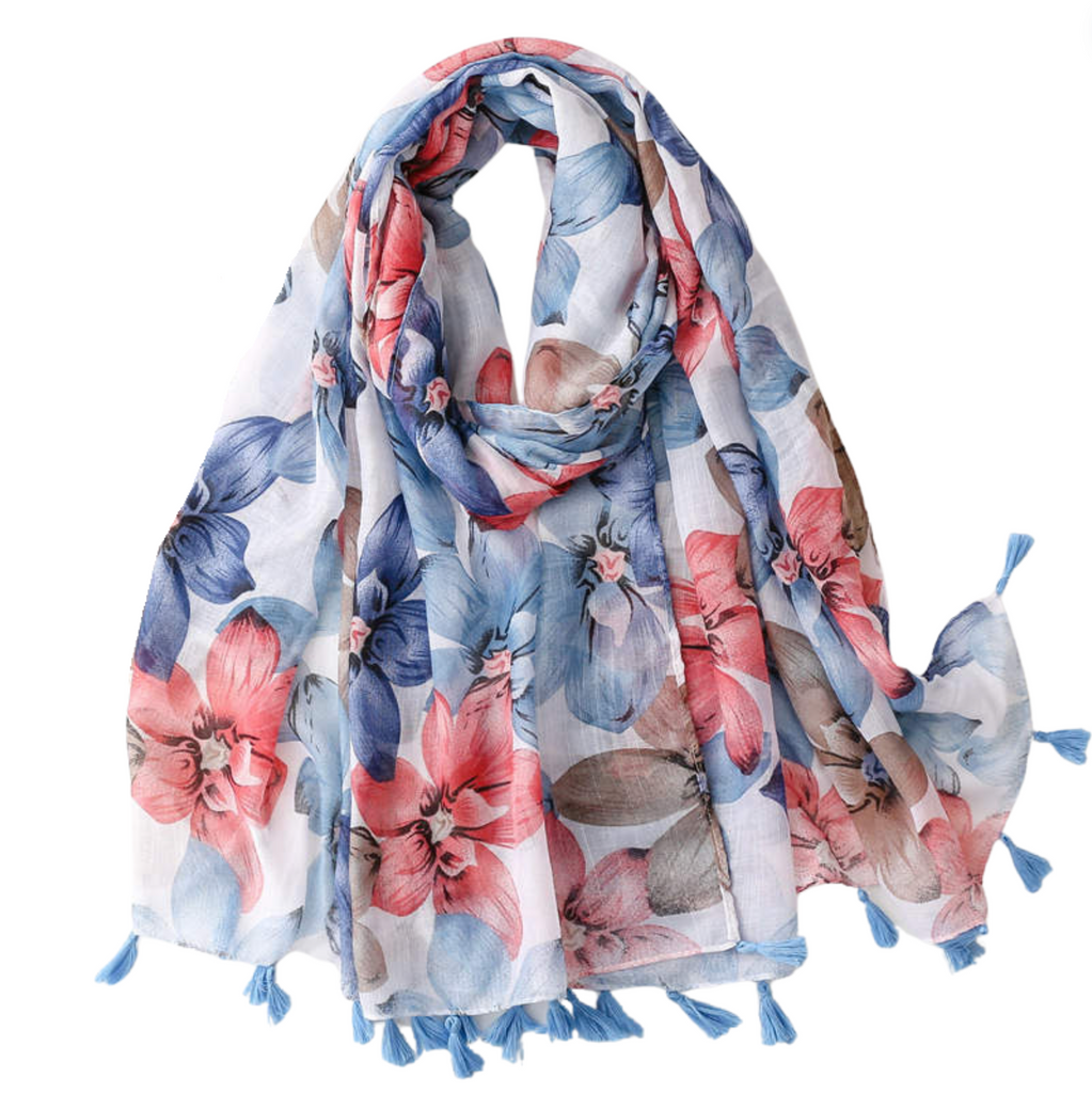 Floral Botanical Scarf with Tassels in Blue and Red - Don