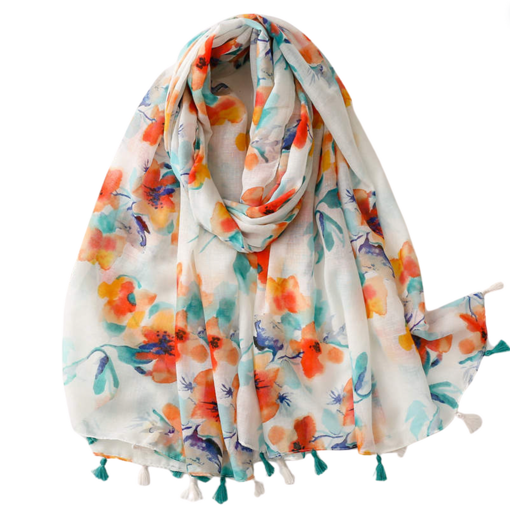 Watercolor Poppy and Floral Scarf with Tassels - Don