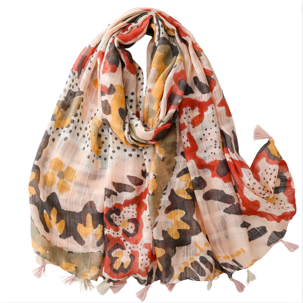 Red, Brown, and Mustard Floral Scarf with Tassels - Don