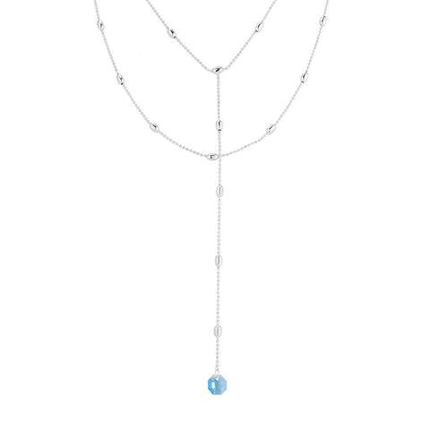 Double Layer Y Necklace with Aquamarine Crystal Drop