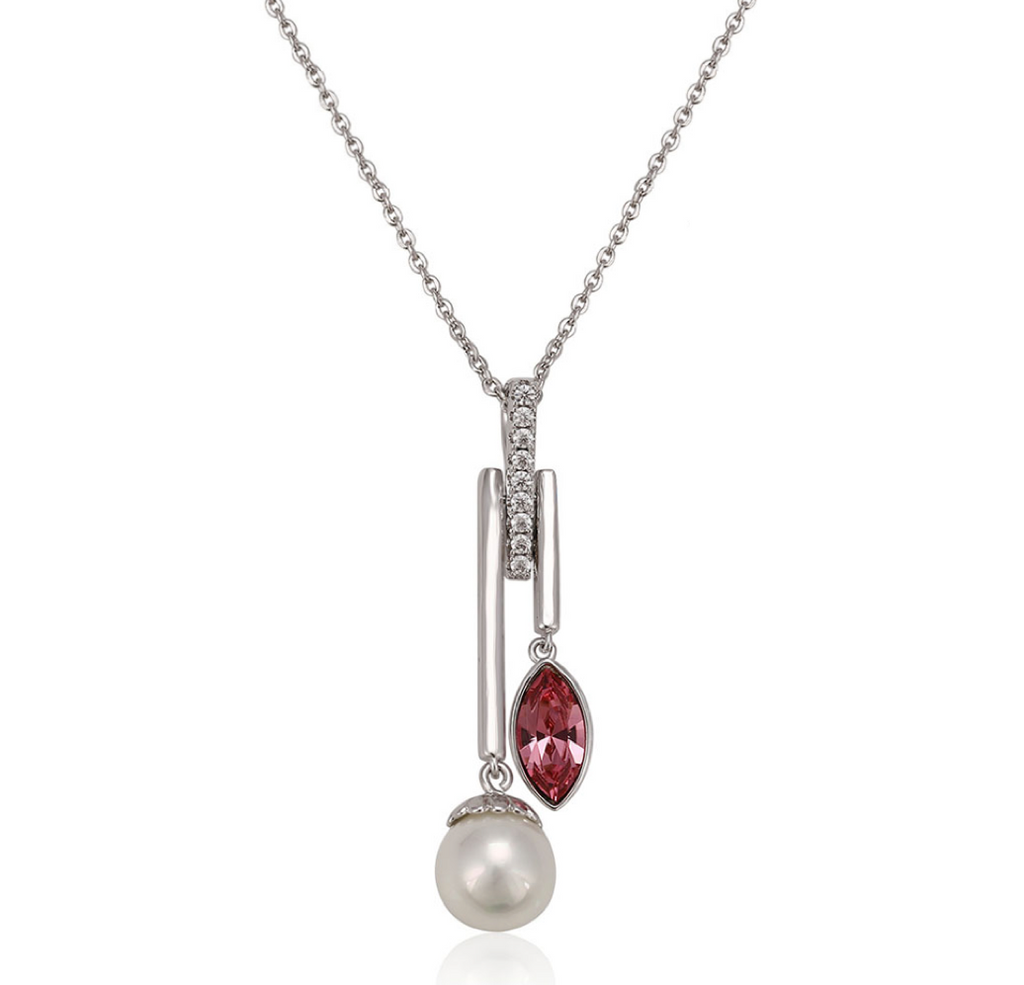 Silvertone Pearl & Rose Swarovski Crystal Marquis Pendant Necklace