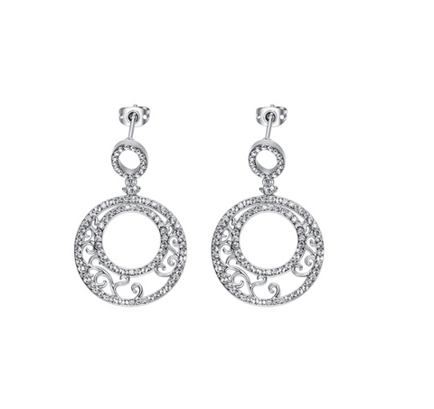 Silvertone Filigree Dual Circle Drop Earrings with Swarovski Crystals