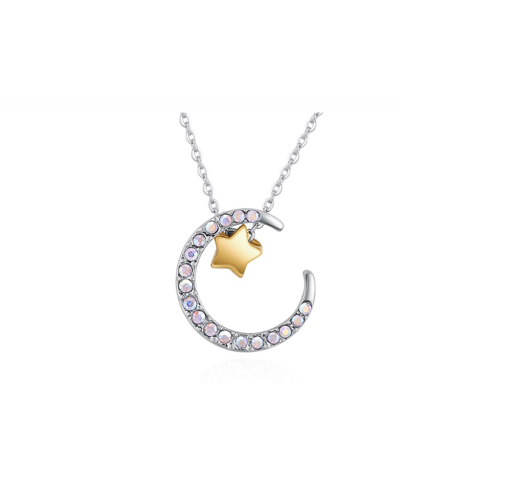 Silvertone Crescent Moon & Goldtone Star Pendant Necklace with Swarovski Crystal