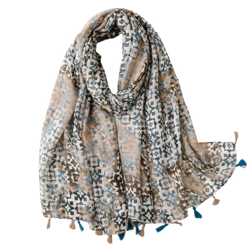 Blue & Beige Ornate Patterned Chiffon Scarf