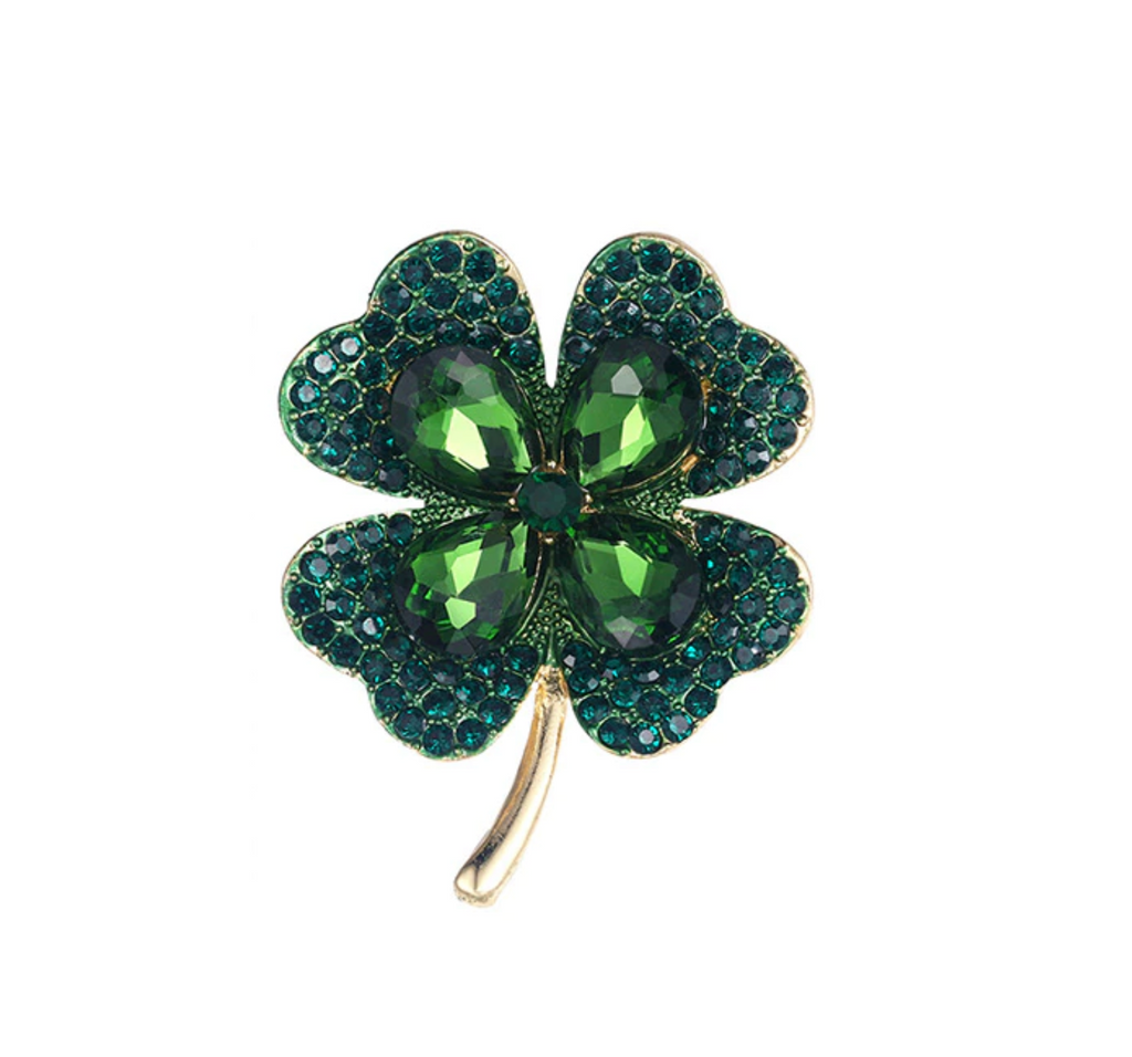 Goldtone Four Leaf Clover Brooch In Emerald