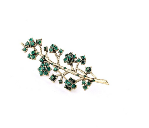 Goldtone Green Crystal Branch Brooch