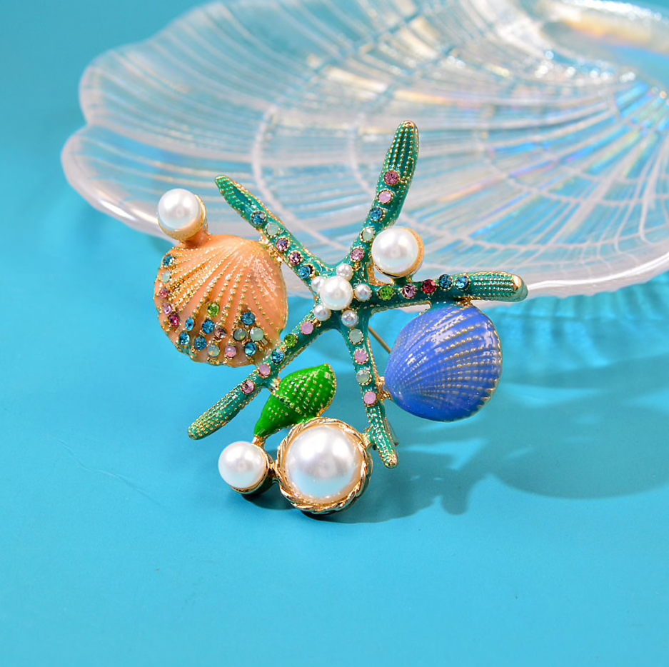 Blue Starfish Shell Clustered Brooch